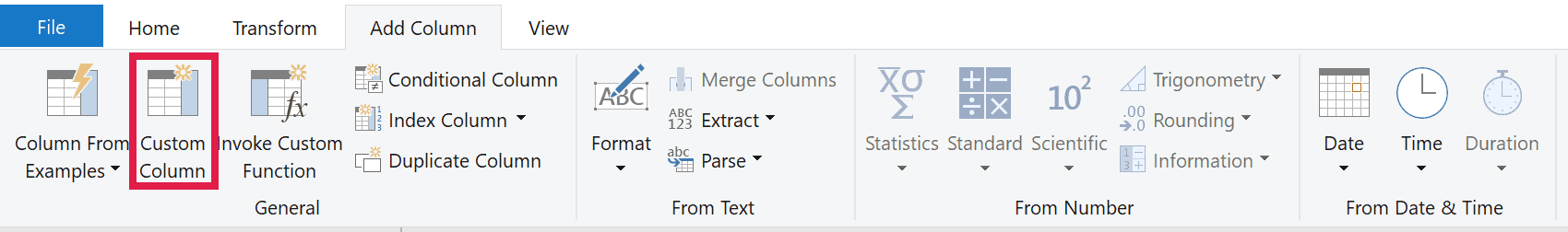 Custom Column button on the Add Column tab of the Power Query Editor