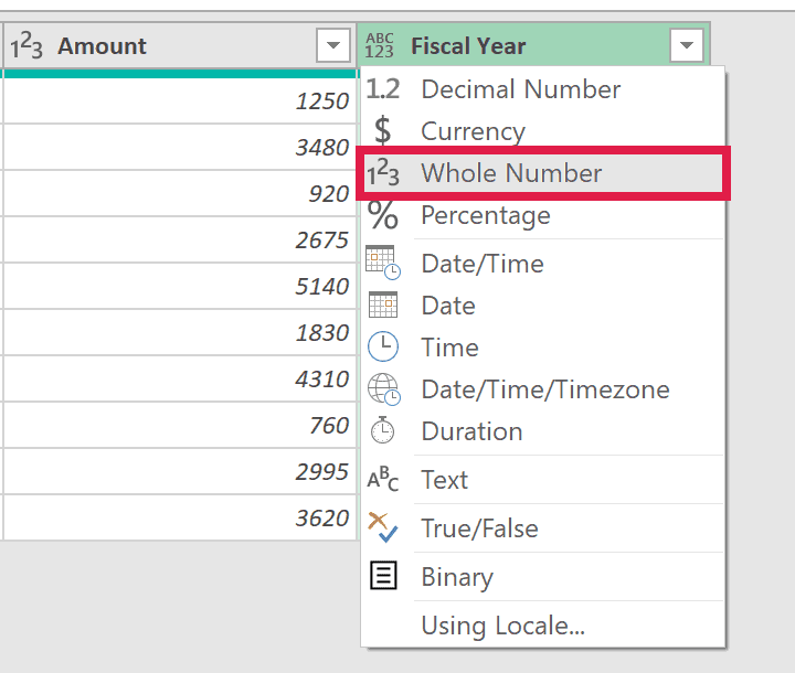 Data type menu on the Fiscal Year column with Whole Number highlighted