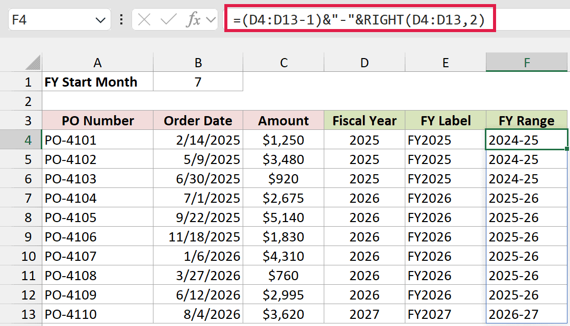 Formula in F4 returning fiscal year range labels like 2025-26