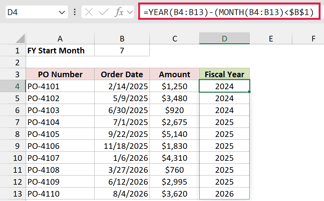 Formula in D4 returning the fiscal year named by the year it starts in