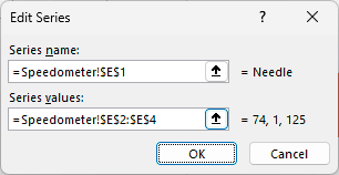 Edit Series sets the name to =Speedometer!$E$1 and the values to =Speedometer!$E$2:$E$4.