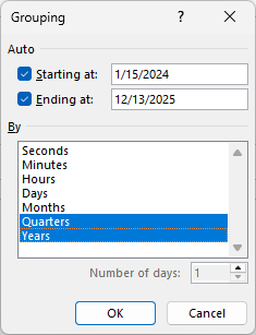 Grouping dialog with Quarters and Years selected.