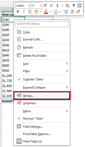 Right-click menu on a sales amount in the PivotTable with Group highlighted.