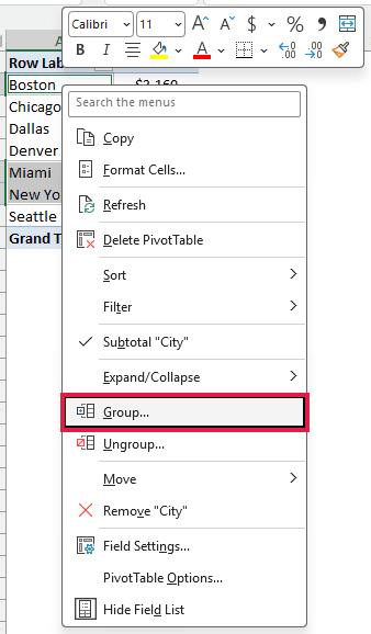 Boston, Miami, and New York selected with the right-click menu showing Group.