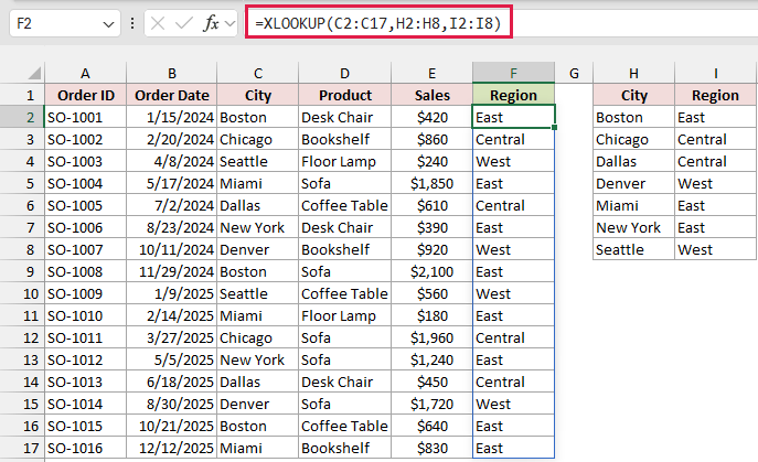 XLOOKUP formula returning the region for every order.