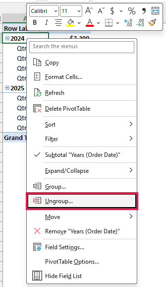 Right-click menu on a grouped year with Ungroup highlighted.