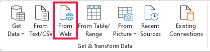 Excel Data tab with From Web highlighted in the Get & Transform Data group