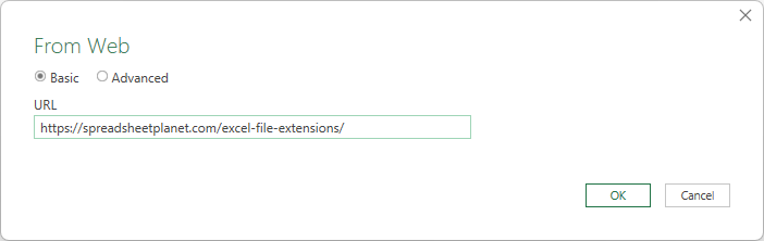 From Web dialog with Basic selected and the Excel file extensions page URL entered