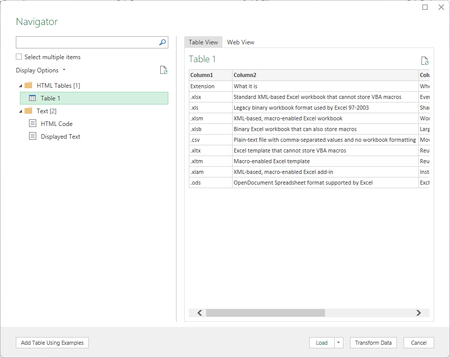 Navigator with Table 1 selected under HTML Tables and a preview using Column1 to Column3 headers