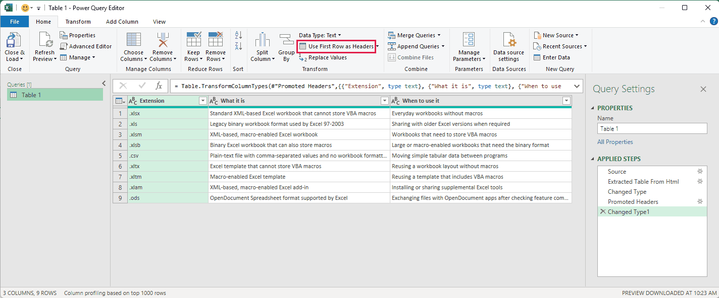 Power Query Editor after Use First Row as Headers, with Promoted Headers in Applied Steps