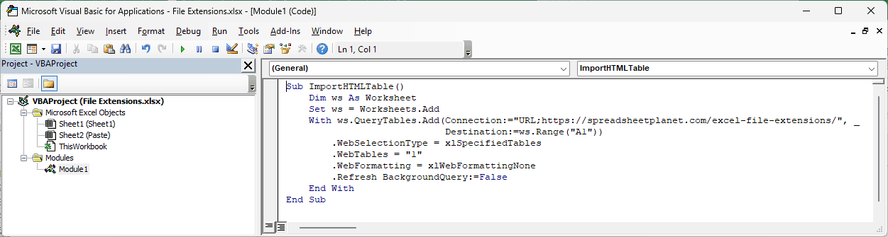 VBA editor with the ImportHTMLTable macro in a module