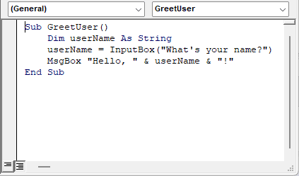 GreetUser VBA macro in a Visual Basic Editor module