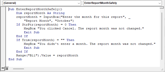 EnterReportMonthSafely VBA macro checking Cancel and empty input in the Visual Basic Editor
