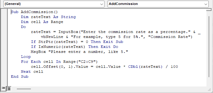 AddCommission VBA macro checking numeric input in the Visual Basic Editor