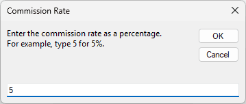 Commission Rate InputBox with "Enter the commission rate as a percentage." and "For example, type 5 for 5%." and 5 entered