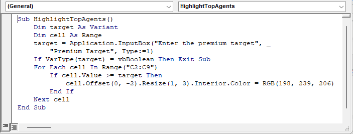 HighlightTopAgents VBA macro using Application.InputBox with Type:=1 in the Visual Basic Editor