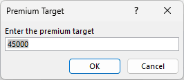 Premium Target Application.InputBox with "Enter the premium target" and 45000 entered