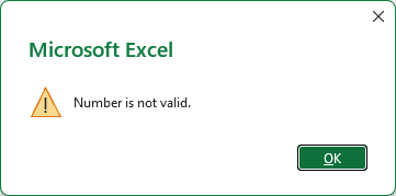 Excel validation message showing "Number is not valid."
