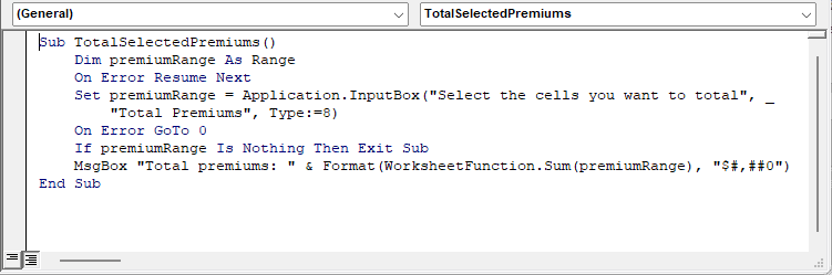 TotalSelectedPremiums VBA macro using Application.InputBox with Type:=8 in the Visual Basic Editor