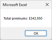 MsgBox showing "Total premiums: $343,950" with an OK button