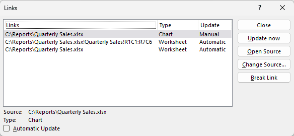 The Links dialog lists one Manual chart link and two Automatic worksheet links.