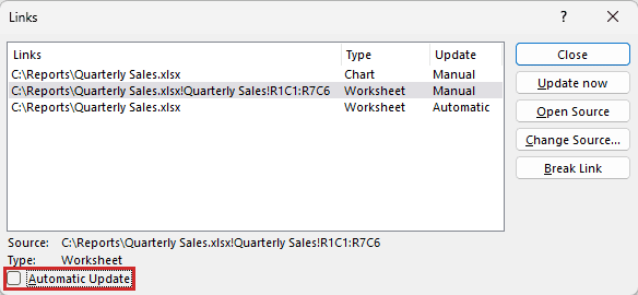 The selected pasted-range link shows Manual with Automatic Update unchecked and boxed in the Links dialog.