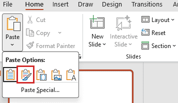 PowerPoint Home Paste menu shows five options with Keep Source Formatting boxed in red.