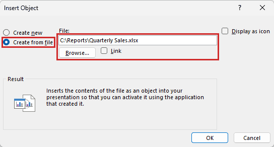 Insert Object shows Create from file selected and Quarterly Sales.xlsx in Reports with Link unchecked.
