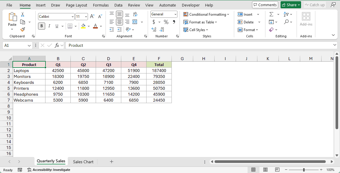 A separate Excel window opens the embedded workbook with Quarterly Sales and Sales Chart tabs.