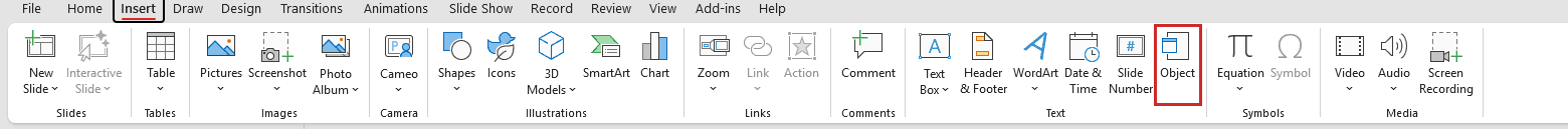 PowerPoint Insert ribbon shows Object boxed in red in the Text group.