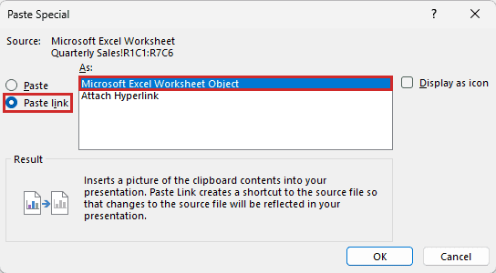 Paste Special has Paste link selected and Microsoft Excel Worksheet Object highlighted, both boxed in red.