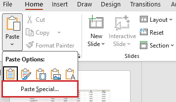 PowerPoint Paste dropdown shows Paste Special boxed in red below the paste options.