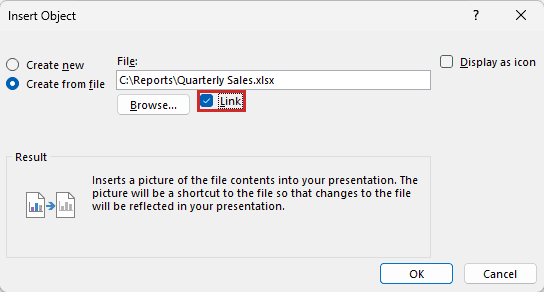 Insert Object shows Link checked and boxed, with result text explaining that file changes appear in the presentation.