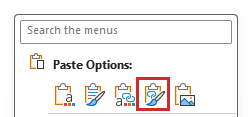 PowerPoint Paste Options shows the Keep Source Formatting & Link Data icon boxed in red.