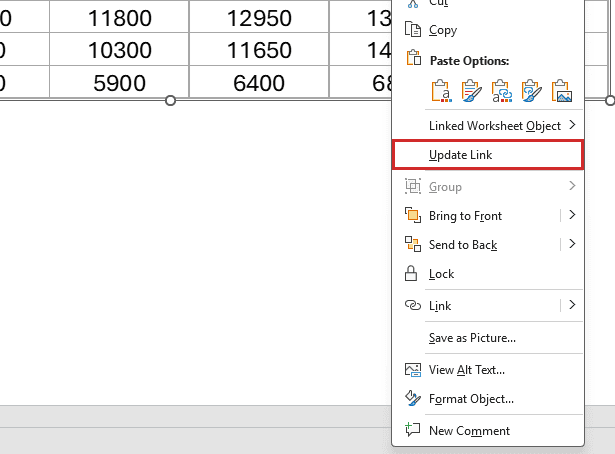 The linked table right-click menu shows Update Link boxed below Linked Worksheet Object.