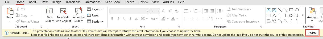 PowerPoint displays a yellow UPDATE LINKS message bar with the Update button boxed in red.