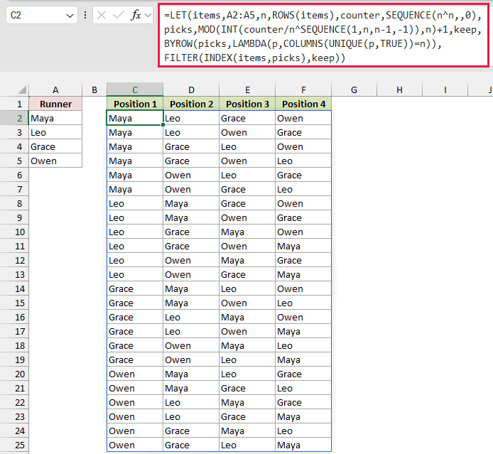 LET formula in the formula bar and 24 running orders spilling into C2:F25