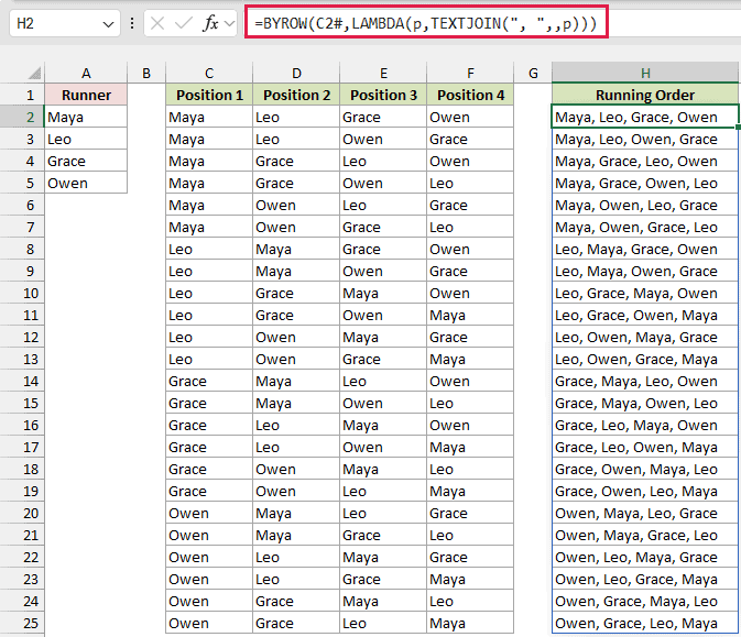BYROW and TEXTJOIN formula with comma-separated running orders in H2:H25