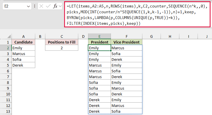 LET formula and 12 President and Vice President pairs spilling into E2:F13