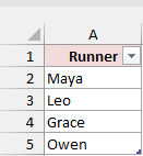 Runners Excel Table in A1:A5 with the Runner column and four names