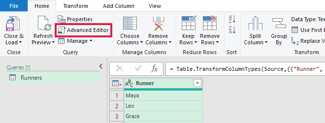 Power Query Editor Home tab with Advanced Editor boxed