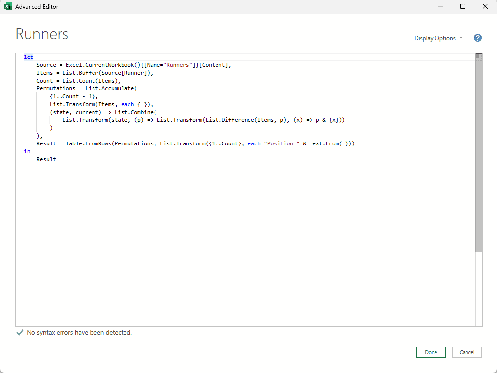 Power Query Advanced Editor showing the pasted permutation code