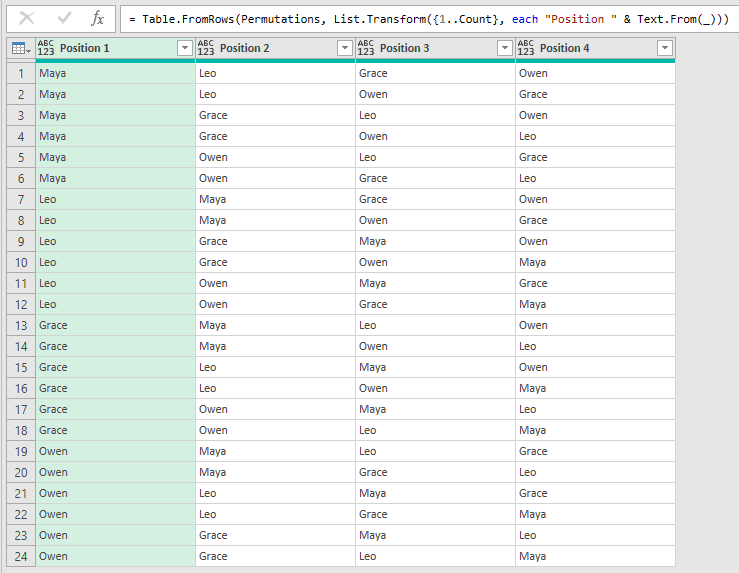 Power Query formula bar and preview of 24 orders in Position 1 to Position 4