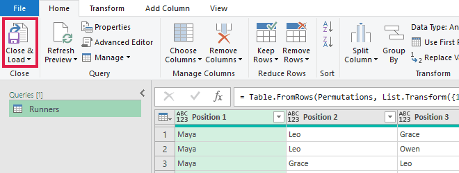 Power Query Editor Home tab with Close & Load boxed