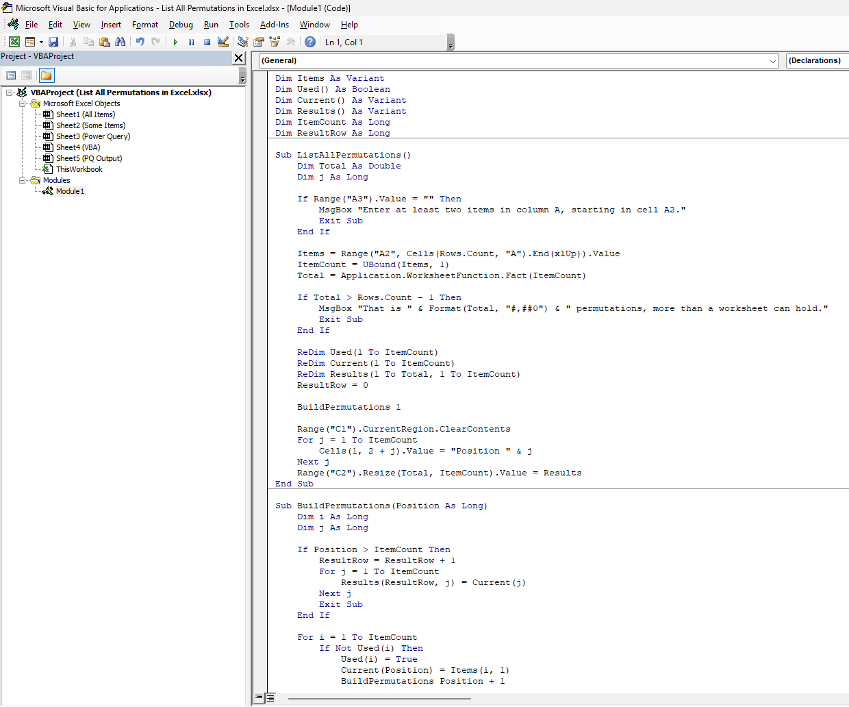 VBA module containing ListAllPermutations and the BuildPermutations helper