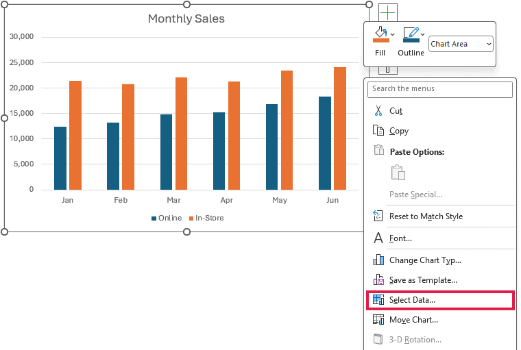 Chart right-click menu with the Select Data command visible
