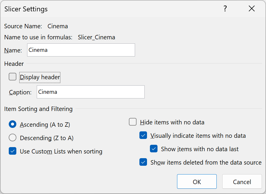 Slicer Settings dialog with Display header unchecked