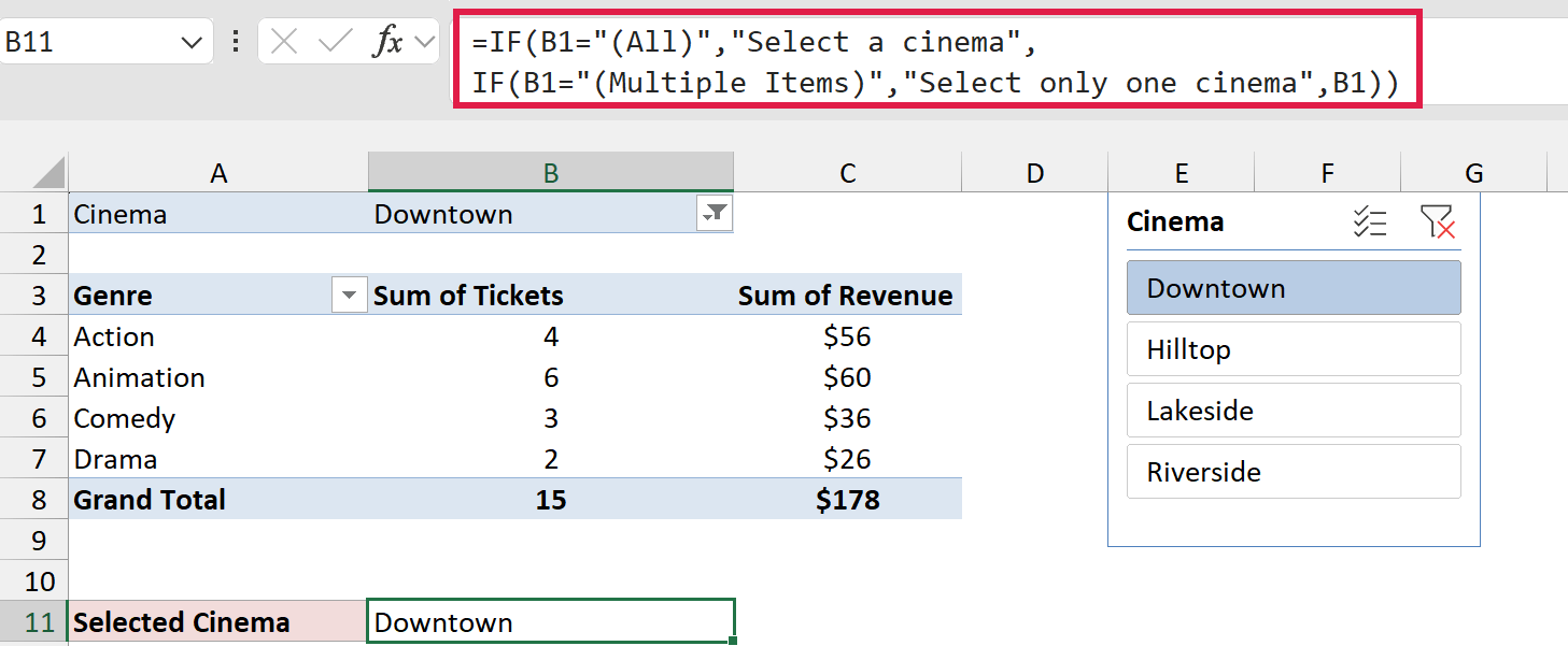 IF formula in B11 showing the selected cinema, Downtown