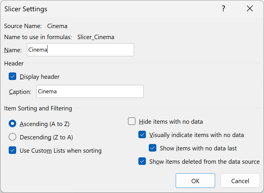 Slicer Settings dialog showing the name Slicer_Cinema