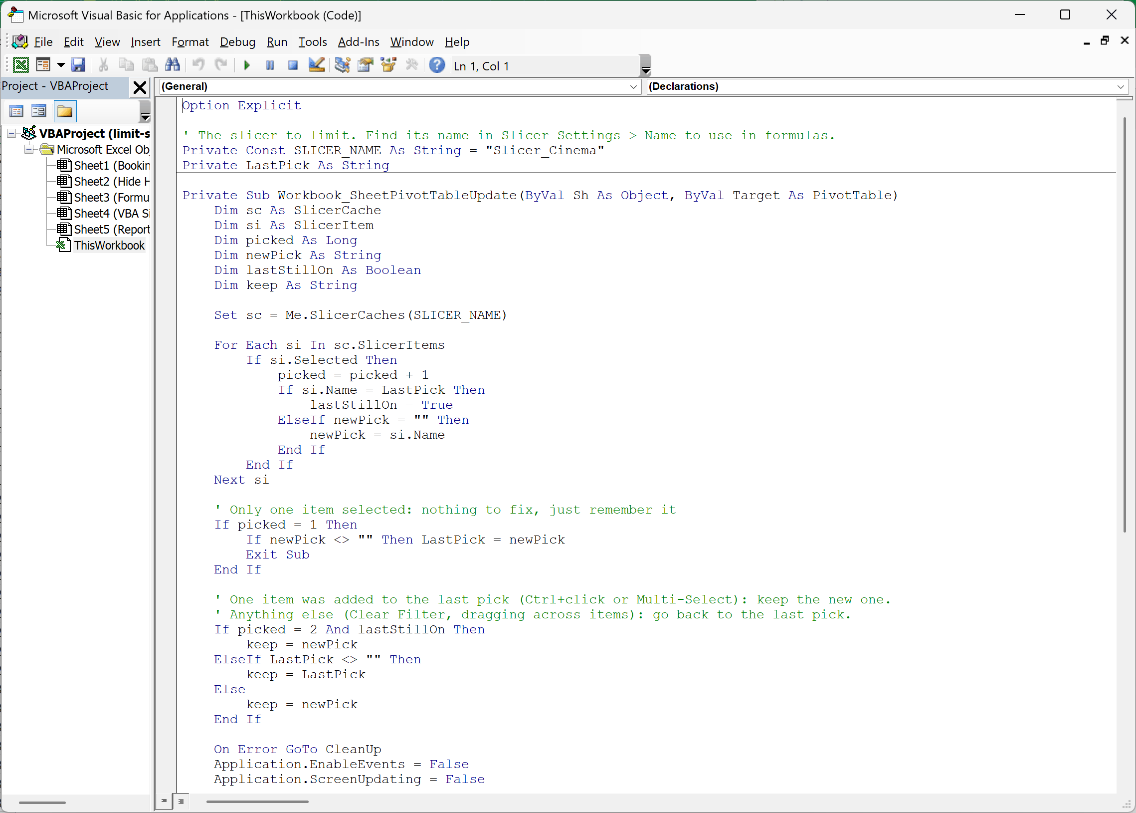 VBA editor with the single-select code in the ThisWorkbook module